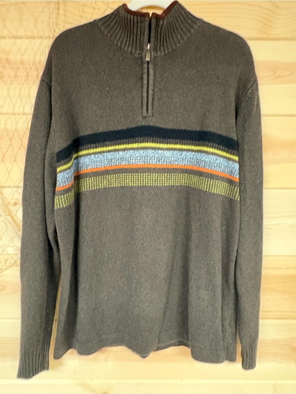 Columbia Men's Gray Zip-Neck Sweater with Multicolor Stripes